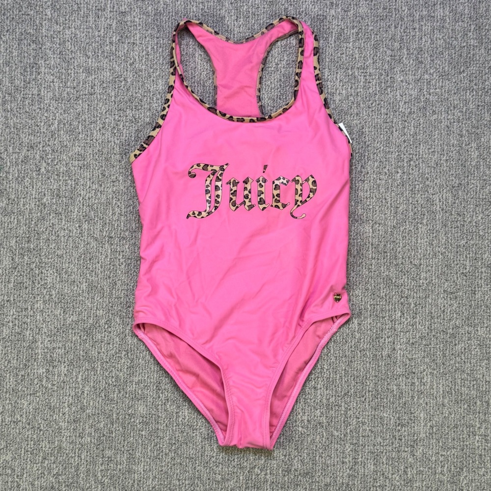 Juicy Couture Girls Pink‎ Leopard Print One Piece Swimsuit JCKOP-102 Size 10 NWT